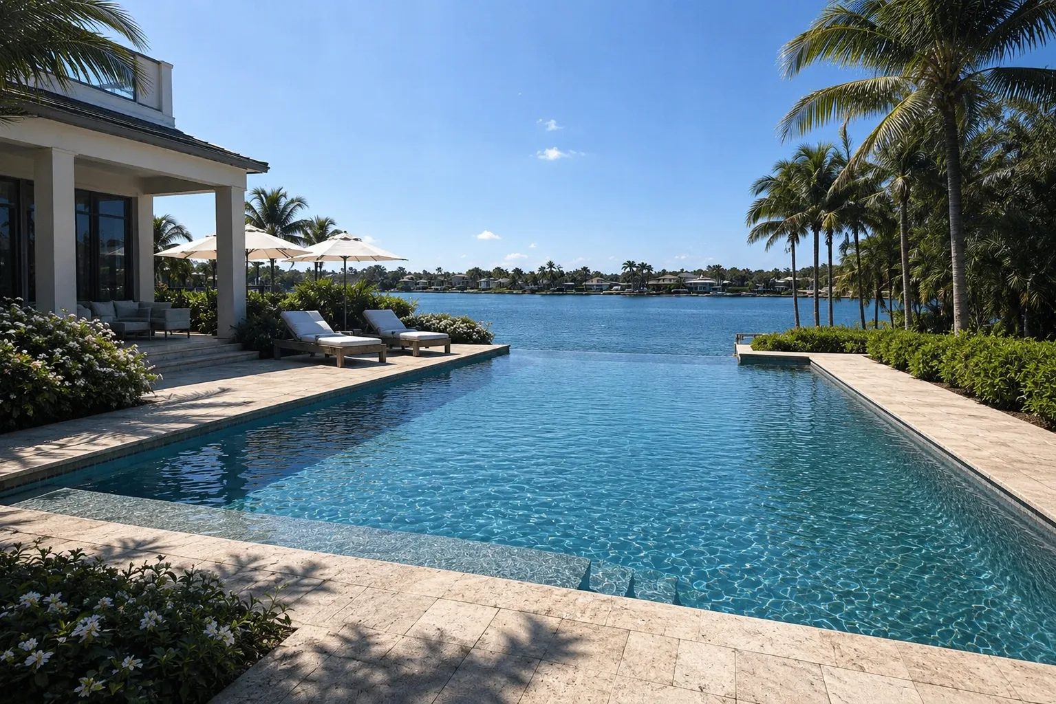 Waterfront pool at a Belleair Beach, FL home — cleaned and chemically balanced by Suncoast Pool Pros